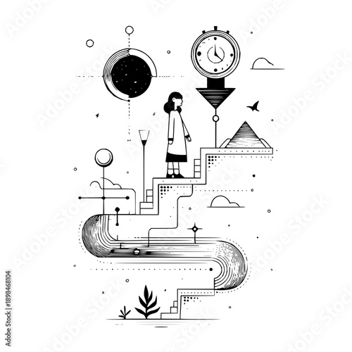A woman ascends stairs towards a clock and pyramid in a surreal black and white illustration style