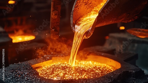 A close-up of molten metal being poured into molds in a foundry showing the formation of industrial alloy