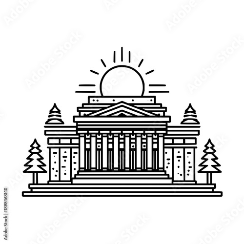 Illustration of a classical building with columns and trees under a rising sun in line art style
