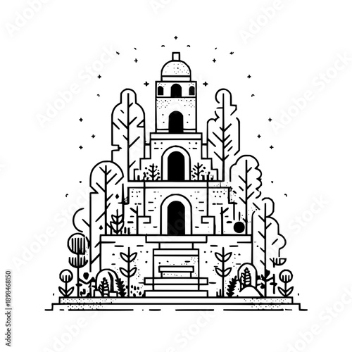 Illustration of a stylized tower with arches surrounded by trees and vegetation in black and white