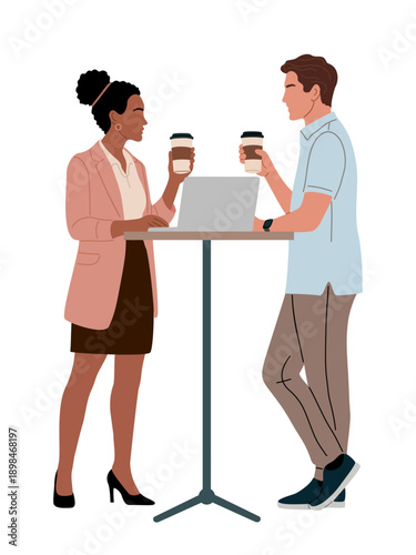 Flat modern illustration of a diverse man and woman having a casual business meeting at a standing table with laptop and coffee cups.