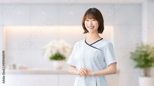 Foto 笑顔で立つ美容サロンスタッフ,清潔感のある女性カウンセラー, Smiling Beauty Salon Staff Clean and Professional