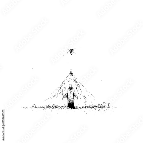 A monochrome illustration of hooded figures standing before a peak with a bug like figure above it