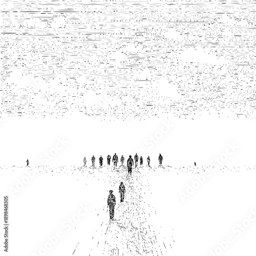 A group of people walking towards the viewer in a desolate landscape with a textured sky above them