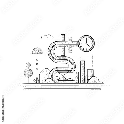 Illustration of a dollar sign with a clock and hourglass in a landscape with trees and buildings art