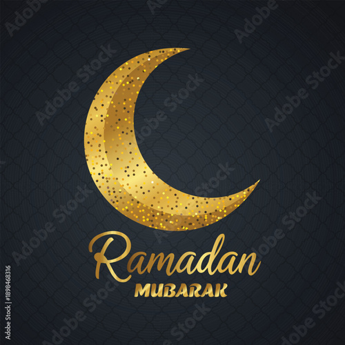 Elegant Ramadan Mubarak vector featuring a golden crescent moon with glitter texture and refined typography on a dark background, luxury flat style ideal for Islamic greetings, posters, banners,