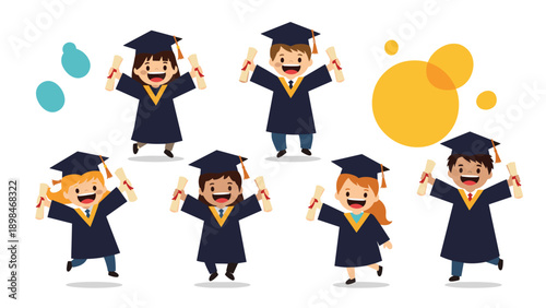Group of six diverse and happy young graduates in dark blue caps and gowns jump and cheer with their diplomas to celebrate their success.