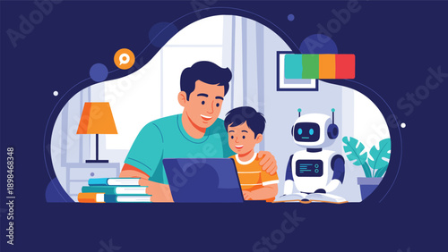 Father and his young son sit together at a laptop while a small, friendly robot assists them with learning or a creative project.