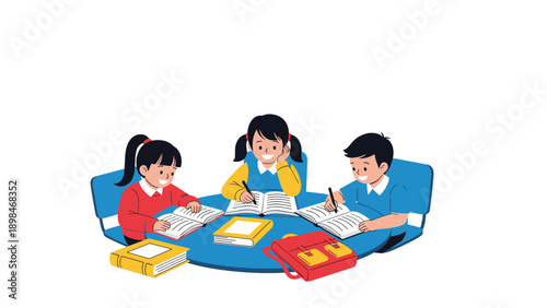 Three young students sit around a blue table in a classroom while diligently working on their school assignments in books.