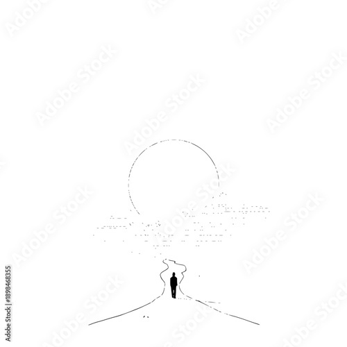 A lone figure walking on a winding path towards a distant circle under a bright white sky landscape scene