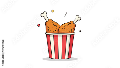 Two pieces of crispy fried chicken drumsticks are presented in a classic red and white striped takeaway bucket with sprinkles.