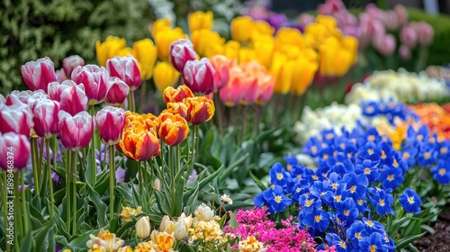A colorful garden showcasing the bounty of blooming flowers in spring