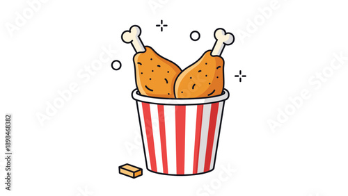 Crunchy fried chicken drumsticks are served in a red and white striped bucket decorated with stars and circular accents.