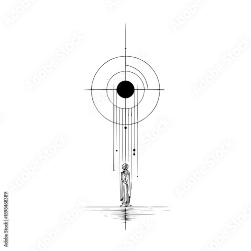 Minimalist drawing of a figure standing beneath a geometric target with downward lines and floating dots design