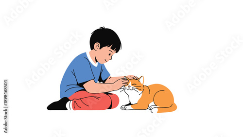 Gentle young boy sits on the floor and uses both hands to pet a ginger and white cat that is sitting calmly beside him.