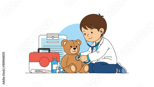 Little boy dressed in a white lab coat uses a stethoscope to check the heartbeat of a brown teddy bear in a clinic.