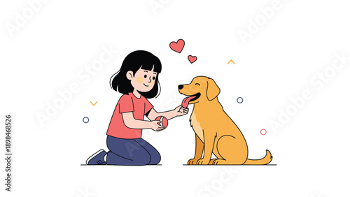 Kind young girl kneels on the ground and feeds a treat to a friendly golden retriever dog with love and affection.