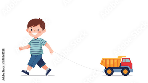 Smiling young boy walks and pulls a large yellow and red toy dump truck behind him using a long white string at home.