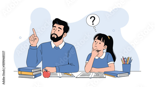 Curious student and her teacher sit at a desk thinking about a difficult problem with a large question mark in a bubble.