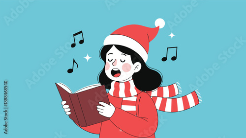 Young girl wearing a festive Santa hat and a striped scarf sings Christmas carols from a book on a blue background.