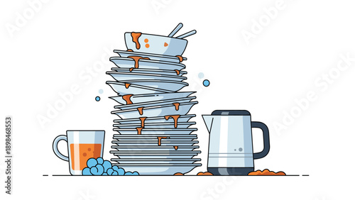 Large stack of dirty ceramic plates and bowls with food stains sitting on a kitchen counter near a kettle and cup.