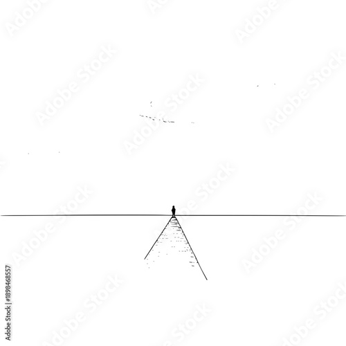 A lone figure stands at the end of a converging path under a vast expanse of white space drawing the eye