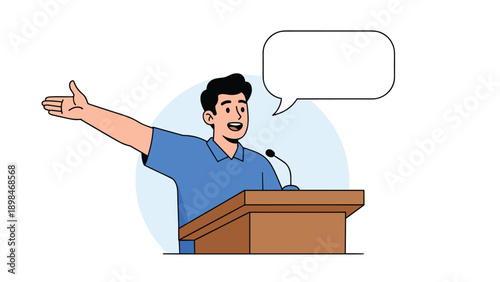 Young man in a blue polo shirt gestures while delivering a presentation from a wooden podium with a speech bubble.