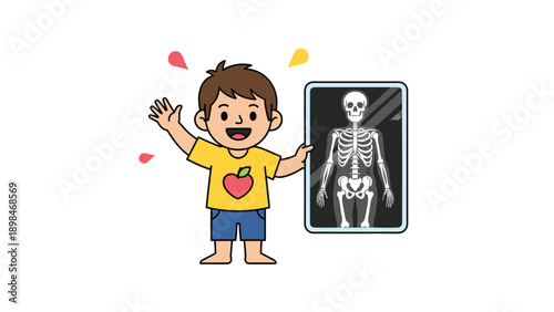 Happy young boy proudly displays a large X-ray image showing a human skeleton as part of a science lesson at school.