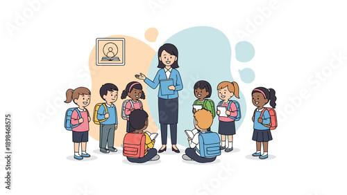 Teacher stands in a circle with a diverse group of elementary school students holding books and wearing backpacks.