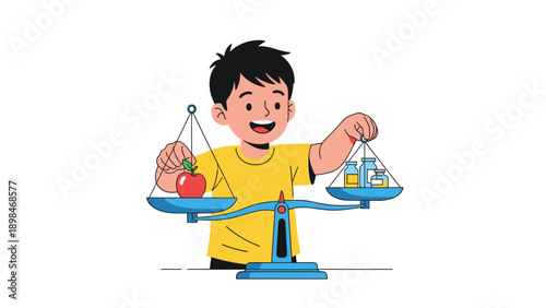 Young boy in a yellow shirt uses a balance scale to compare the weight of a fresh red apple with medicine bottles.