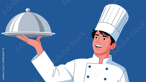 Smiling chef in a white culinary uniform and toque holds a silver serving tray with a cloche against a blue backdrop.