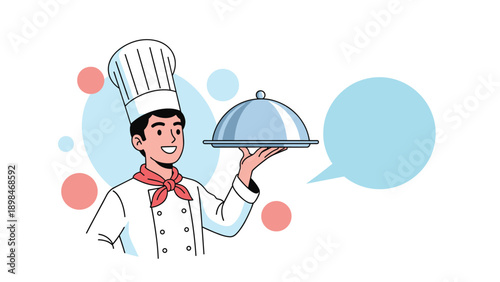 Smiling chef in a white uniform presents a silver platter with a cloche and an empty speech bubble for messages.
