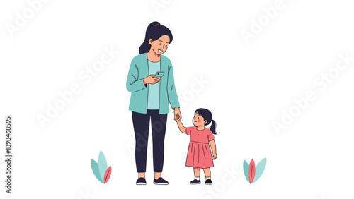 Mother distracted by her smartphone while walking and holding the hand of her young daughter in an outdoor setting.