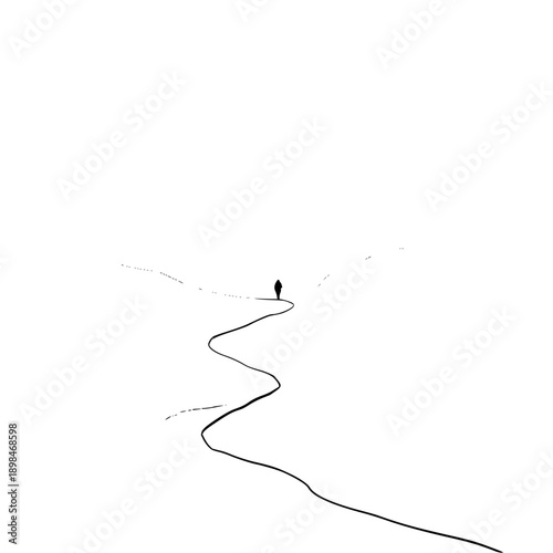 A lone figure walking on a winding path in a minimalist black and white landscape under a bright sky view