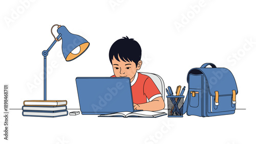 Focused boy sits at his desk using a laptop for schoolwork with a blue lamp and his backpack nearby.