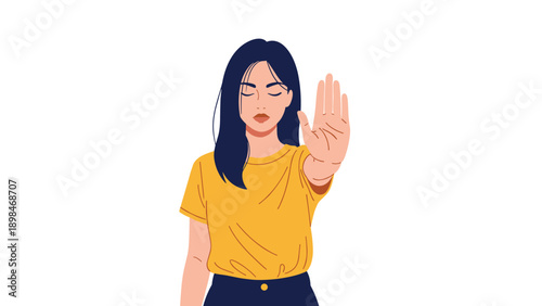 Young woman in a yellow t-shirt stands with her eyes closed and holds her hand out in a firm stop or rejection gesture.