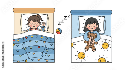 Two young girls sleep peacefully in their separate beds with one girl holding a teddy bear as they rest at night.