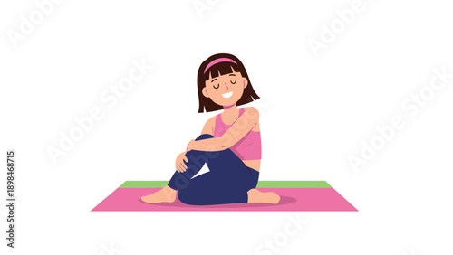Young girl sitting on a pink yoga mat performs a seated spinal twist stretch to improve her flexibility and health.