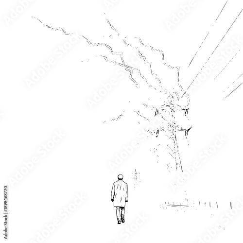 A lone figure walks toward a towering structure with radiating lines in a stark black and white scene