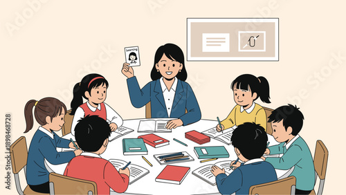 Teacher sitting at a round table with multiple students holds up an identification card during a classroom discussion.