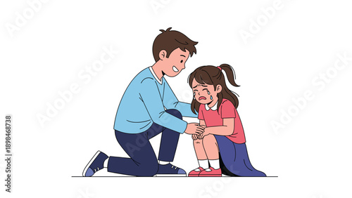 Caring boy kneels on the floor to comfort a crying and upset young girl showing empathy and kindness to his friend.