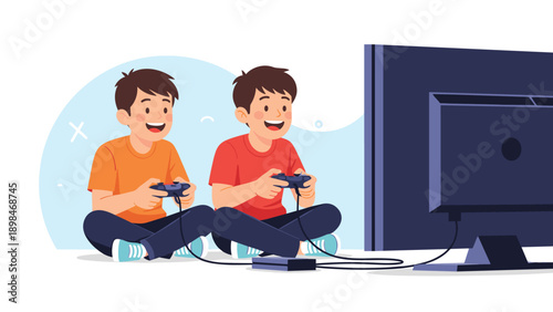 Two young boys sit on the floor and focus on playing a competitive video game together on a large television.