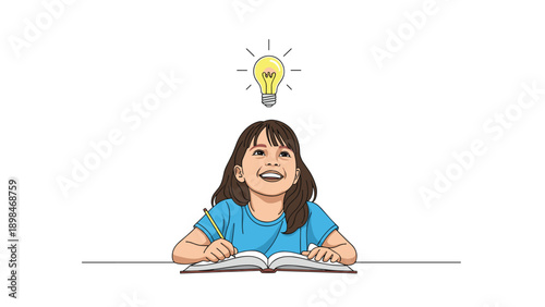 Little girl sitting at a desk with an open book and looking up at a glowing light bulb symbolizing a creative idea or inspiration.