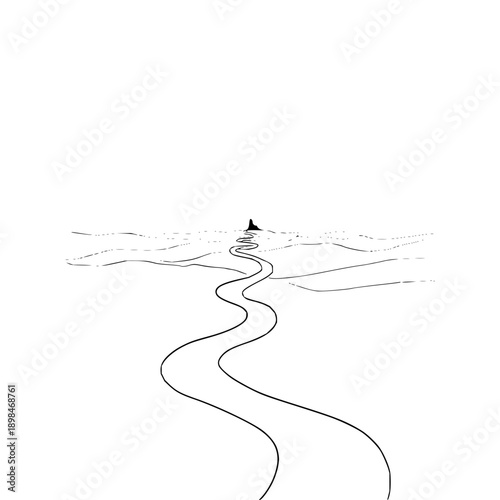 A winding road leads to a distant peak in a minimalist landscape illustration, black and white line art
