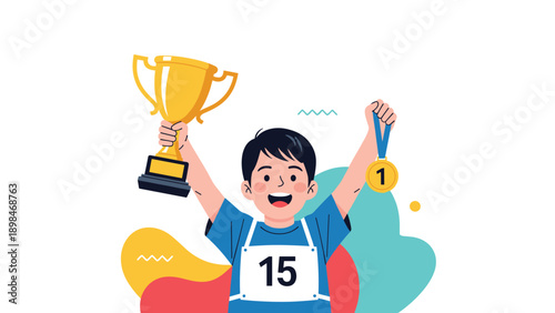 Happy boy in a race bib holds up a winner's trophy and his first-place gold medal in a triumphant celebration.