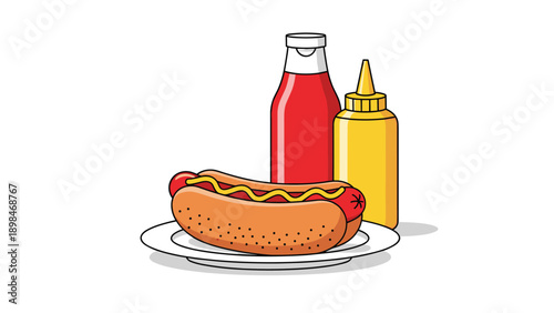 Delicious classic grilled hot dog in a bun served on a white plate with squeeze bottles of tomato ketchup and yellow mustard.