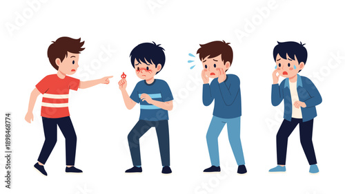 Group of young boys showing various emotions such as sadness, fear, and frustration while one boy points a finger at another.