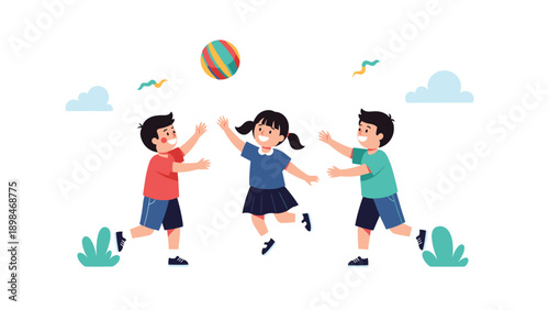 Three happy children playing together outdoors and trying to catch a colorful striped ball flying through the air on a sunny day.