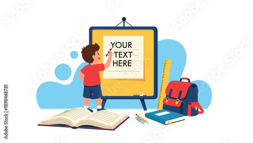 Young student writing on a yellow board surrounded by various school supplies like a backpack, books, and a ruler in a classroom.