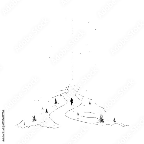 Illustration of a person walking up a winding path on a hill with sparse trees under a dotted line in the sky